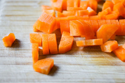 Close-up of sliced carrots on cutting board