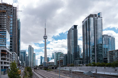 Toronto skyline with cn tower and financial glass buildings on cloudy day