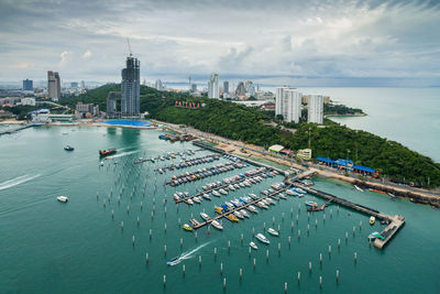 High angle view of city at waterfront