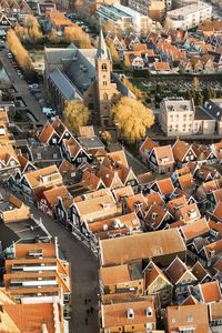 Aerial view of townhouses and church in the netherlands