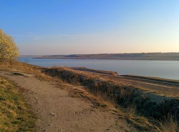 Scenic view of calm lake against blue sky