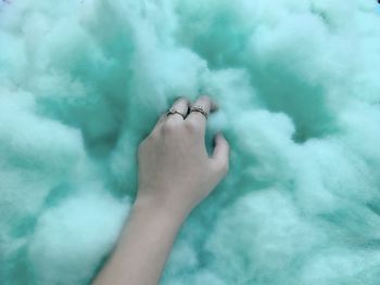 Close-up of woman hand holding leaf against sky