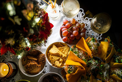 High angle view of various food on table