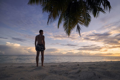 Rear view of young man on white sand beach under palm tree. tourist in swimwear watching sunset.