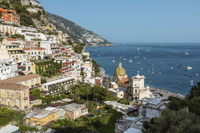 View from positano on the amalfi coast in italy to the mediterranean sea