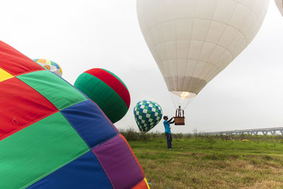 Low angle view of hot air balloons