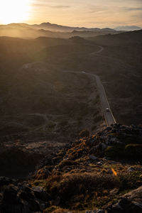 High angle view of landscape against sky during sunset