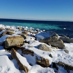 Scenic view of sea against clear blue sky