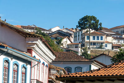 Low angle view of residential buildings against blue sky