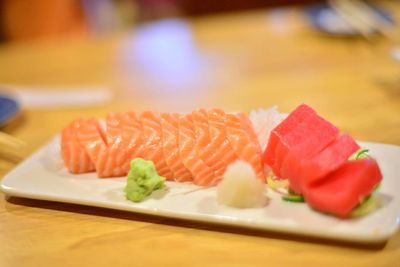 Close-up of sushi served in plate