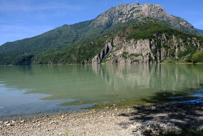 Scenic view of lake by mountains against sky