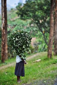 Rear view of woman standing on field