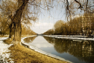 Scenic view of lake against sky during winter