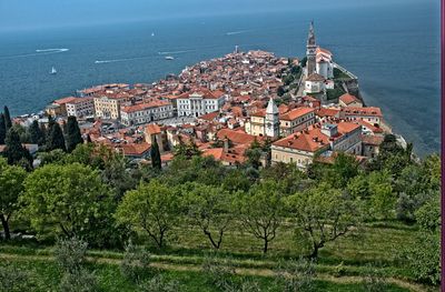 High angle view of buildings in city