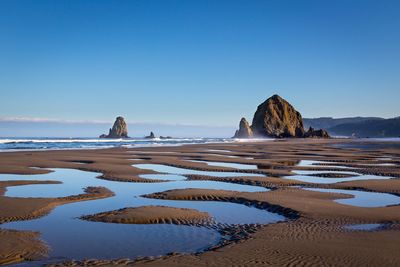 Scenic view of beach against clear blue sky