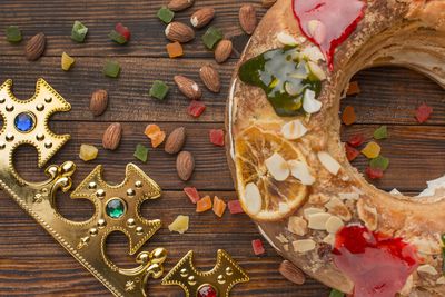 High angle view of christmas decorations on table