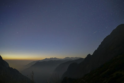 Scenic view of mountains against sky at night