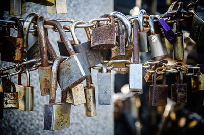 Close-up of padlocks hanging on railing