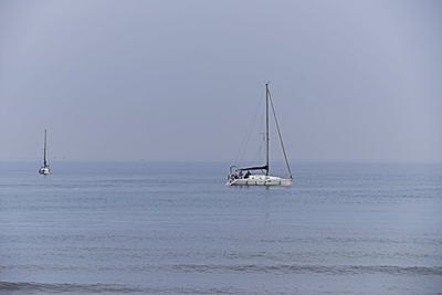 Sailboat sailing on sea against sky