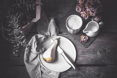 High angle view of breakfast on table