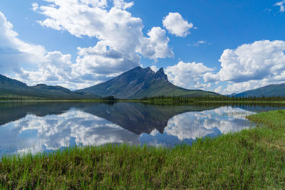 Scenic view of lake and mountains against sky