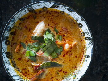 High angle view of soup in bowl on table