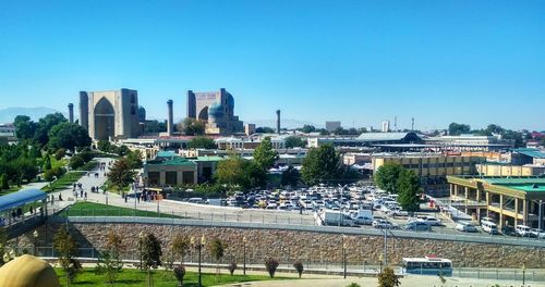 Panoramic view of buildings in city against clear sky