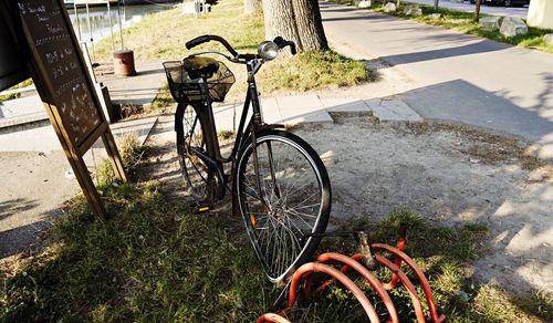 High angle view of bicycle parked on road