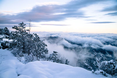 Scenic view of snow covered mountains against sky