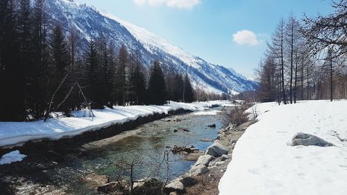 Scenic view of snow covered mountains against sky