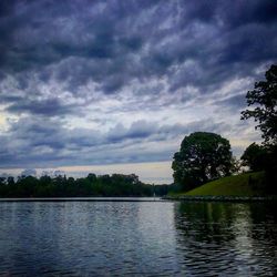 Scenic view of lake against cloudy sky