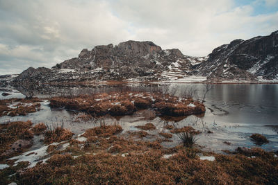 Scenic view of lake and snowcapped mountains against sky