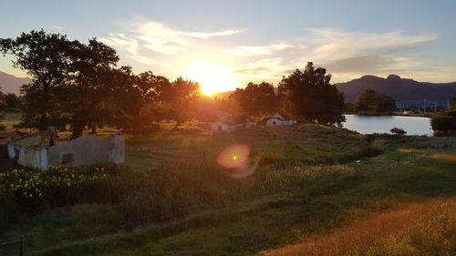 Scenic view of field against sky during sunset