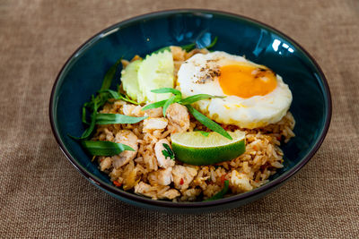 High angle view of breakfast served on table