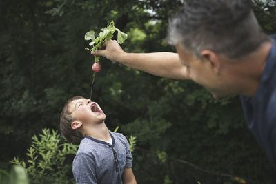 Playful father holding radish over son with open mouth while gardening at back yard garden