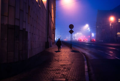 Rear view of person walking on footpath