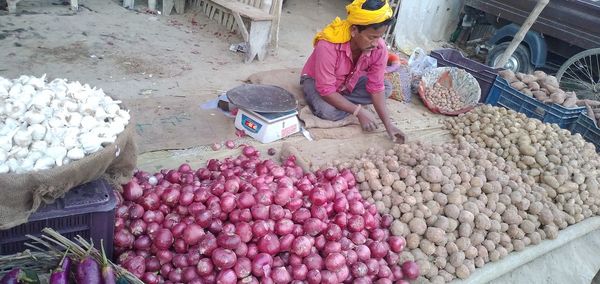 High angle view of vegetables for sale in market