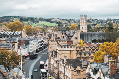 High angle view of buildings in city