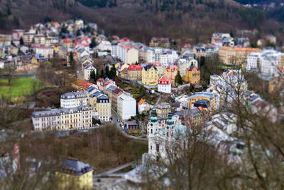 High angle view of buildings in town