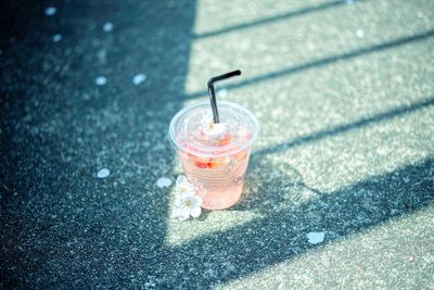 High angle view of drink on table