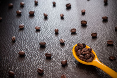 High angle view of coffee beans on table