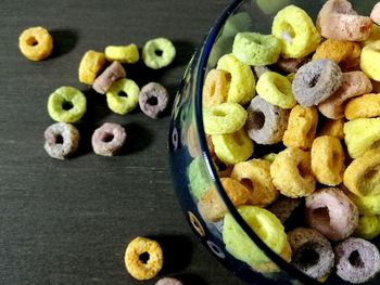 High angle view of chopped fruits in bowl on table