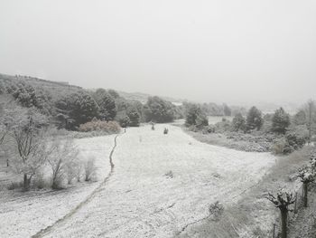 Scenic view of landscape against clear sky during winter