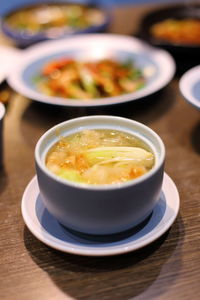High angle view of soup in bowl on table