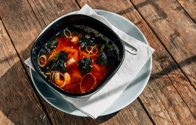 High angle view of food in bowl on table