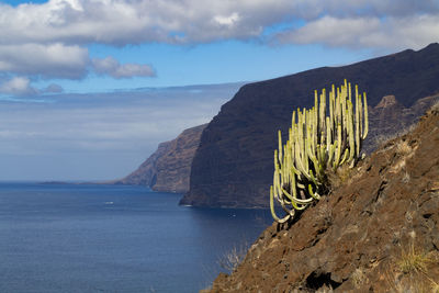 Panoramic view of sea and mountains against sky