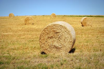 Hay bales on field against clear sky