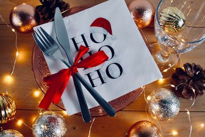 High angle view of christmas decorations on table