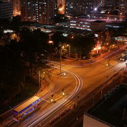 High angle view of city street at night