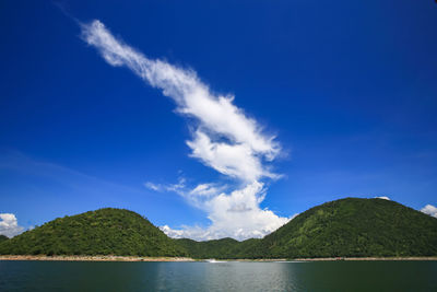 Scenic view of lake and mountains against blue sky